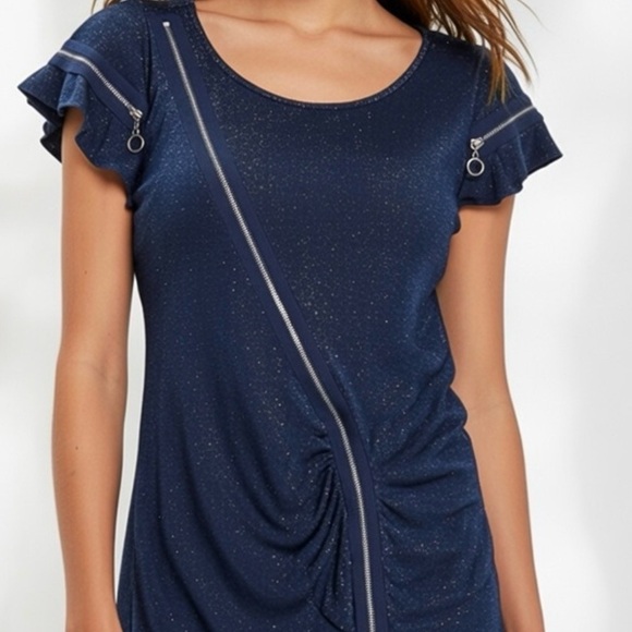 Alberto Makali Navy Blue Metallic Glitter Asymmetrical Zip Tunic Mini Dress - Picture 3 of 7